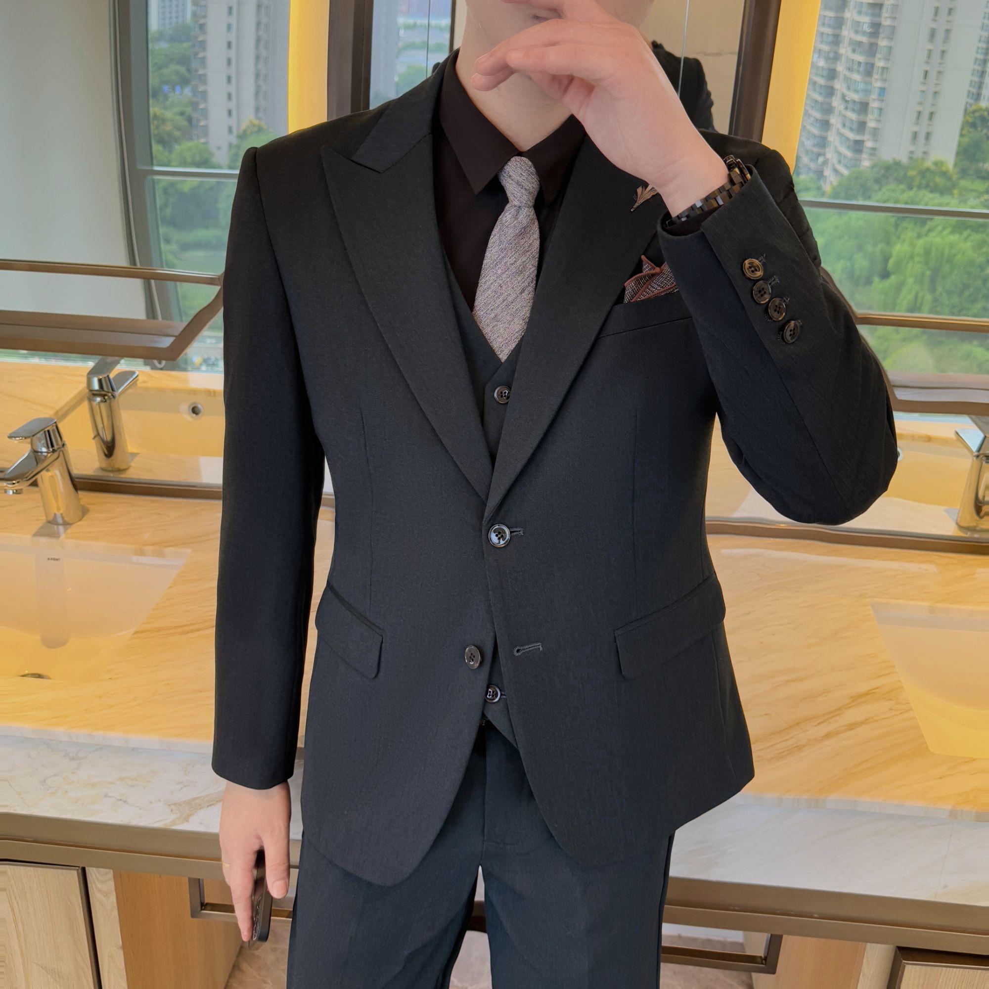 春秋绵羊毛西服套装男士韩版修身戗驳领小西装休闲商务两粒扣外套