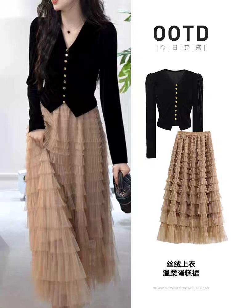衬衫+蛋糕裙港风V领长袖收腰短上衣女两件套装半身裙