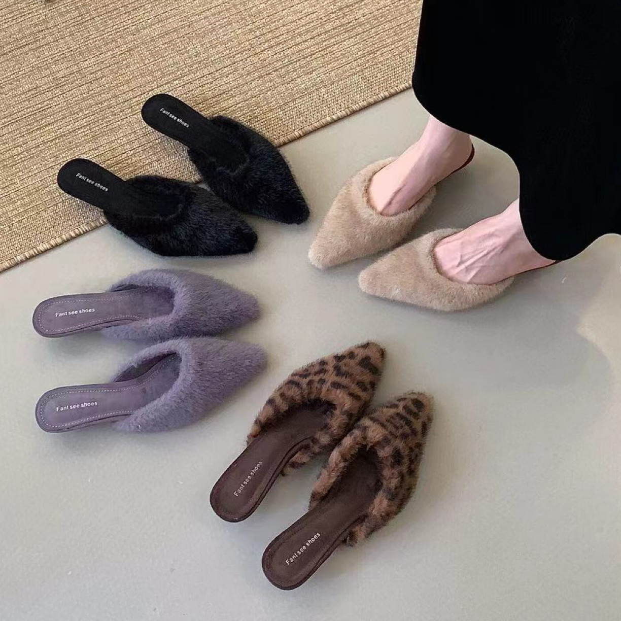 安安家 A2-63 百搭风法式欧美风尖头低跟时尚包头拖女百搭包头款