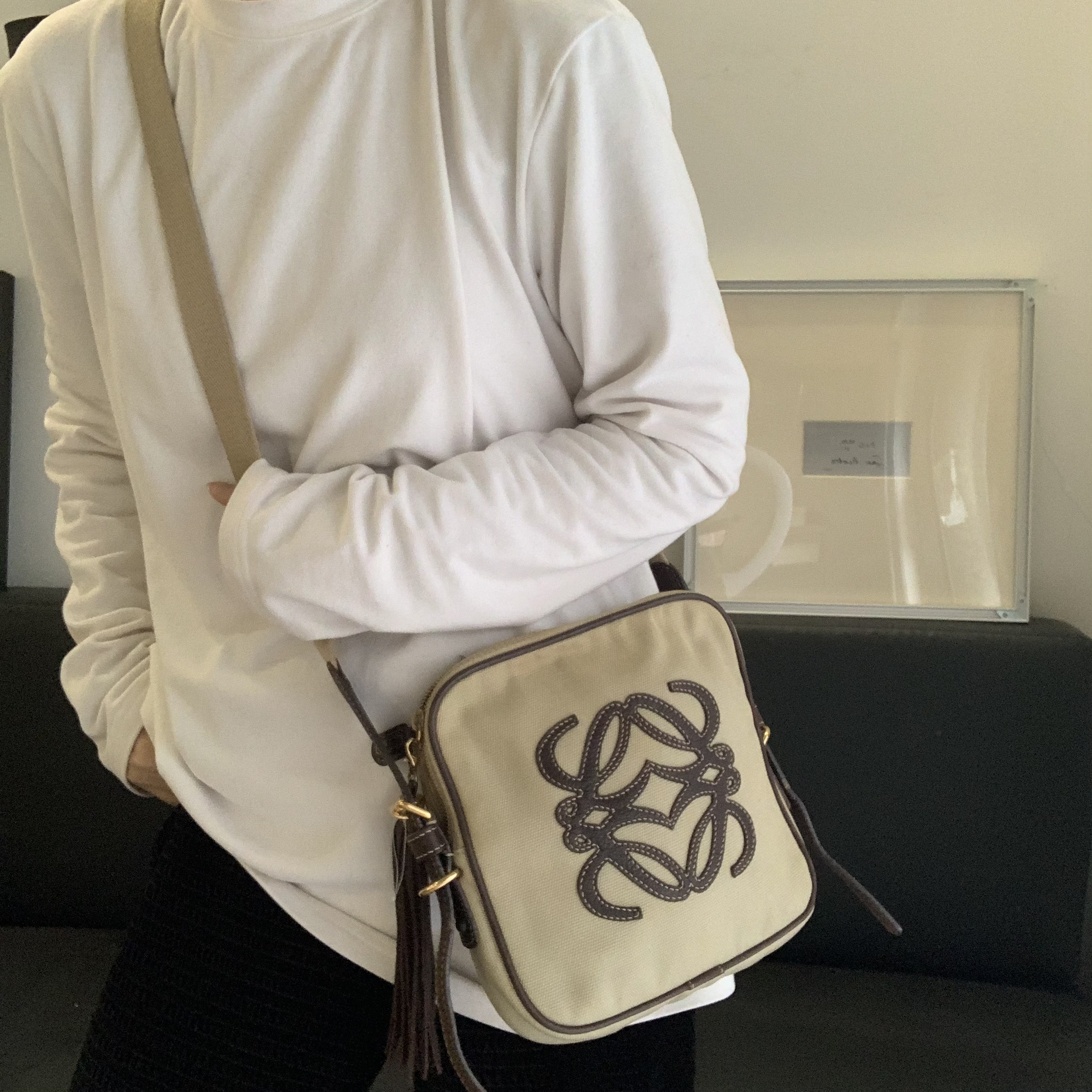 95新 LOEWE/罗意威 0帆布流苏斜挎包相机包