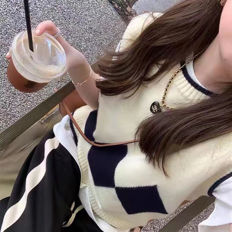 毛针织衫宽松毛衣秋季短款女拼色时尚春季撞色圆领小香风显瘦网红