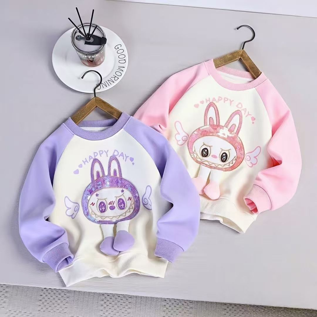 MN女童蛋仔拉布布卫衣2025秋冬新款可爱宝宝保暖加绒亮片百搭上衣