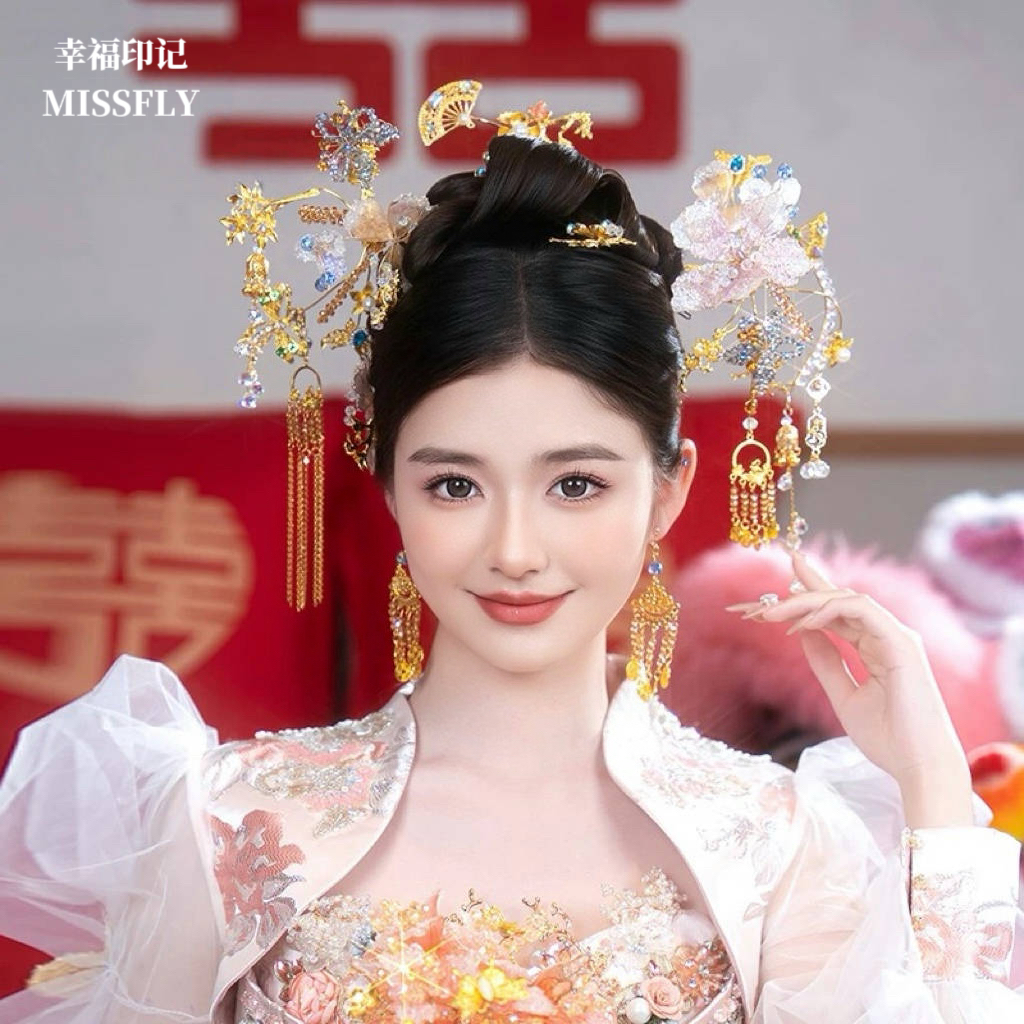 新中式新娘头饰粉色花发饰秀禾晨袍旗袍汉服饰品步摇甜美减龄超仙