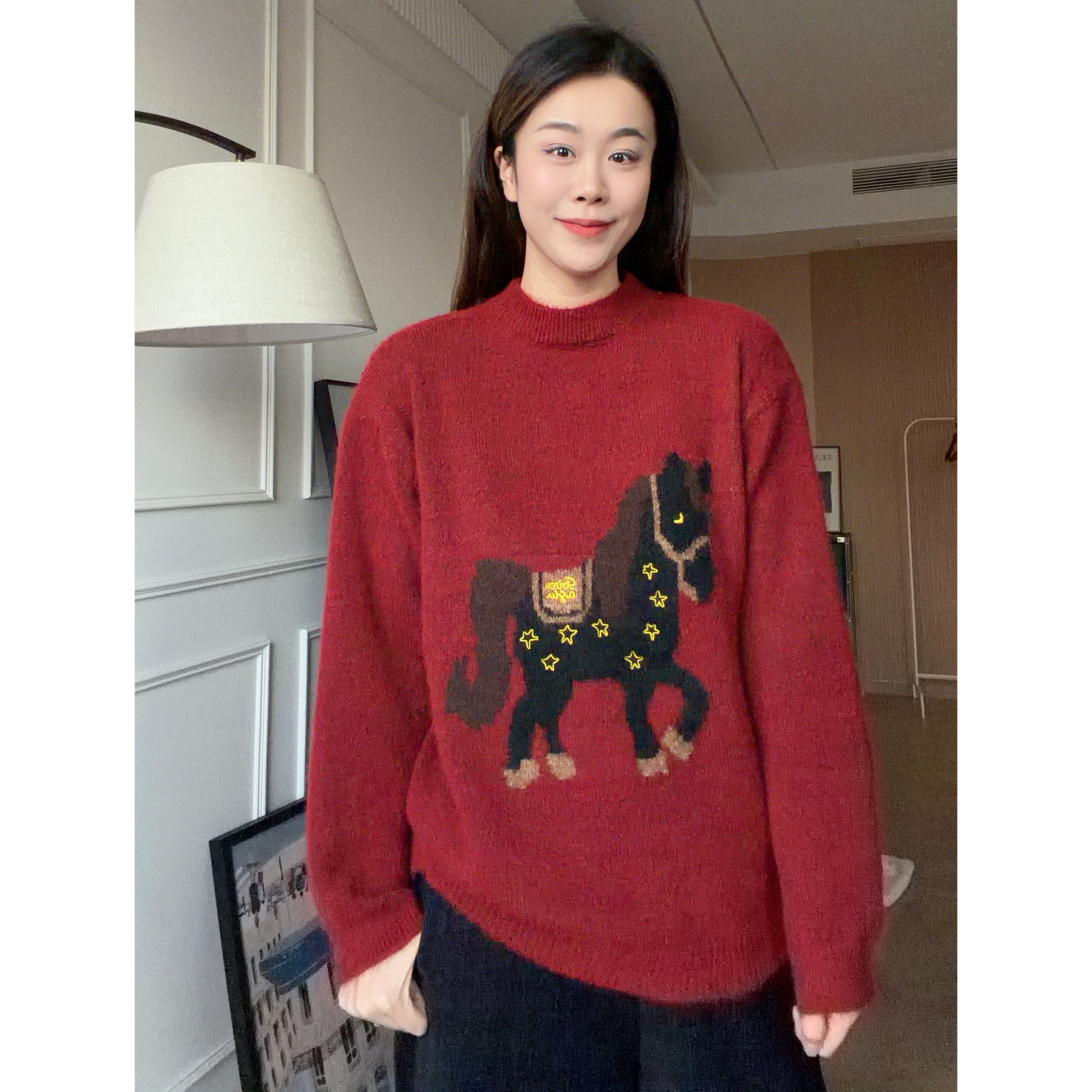 NANA【马到成功】冬季圆领重工提花套头小马毛衣宽松保暖显瘦C0655