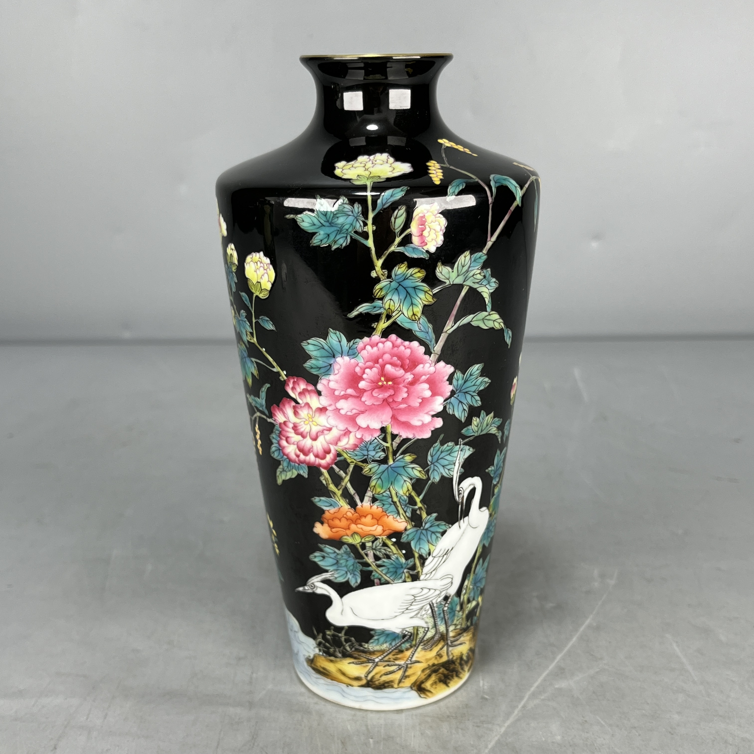 仿古瓷 仿古大清雍正年制乌金釉粉彩描金花鸟诗词瓶