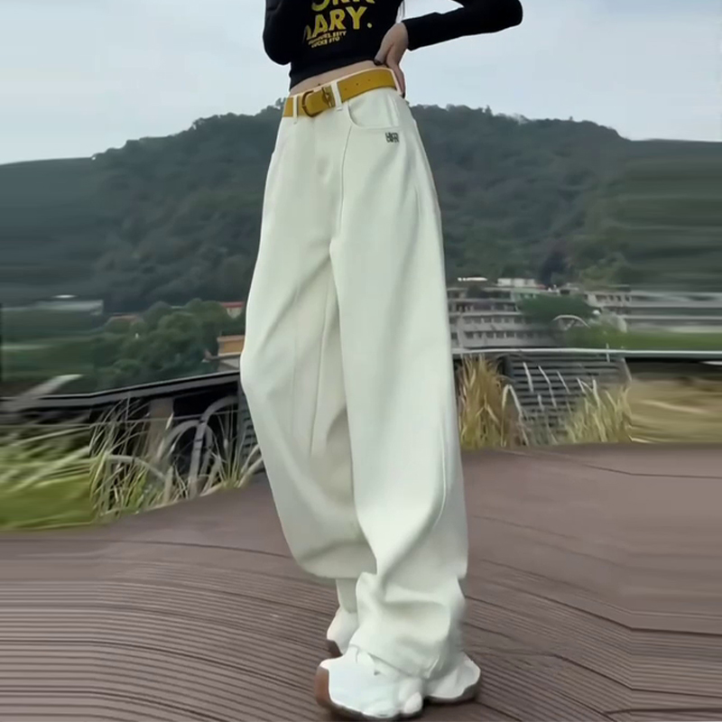 高腰弯刀牛仔裤女秋装爆款2025新款白色女士休闲直筒镰刀阔腿裤子