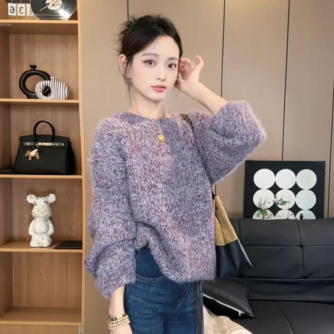 秋冬韩系慵懒风宽松显瘦圆领长袖毛针织衫女百搭通勤上衣