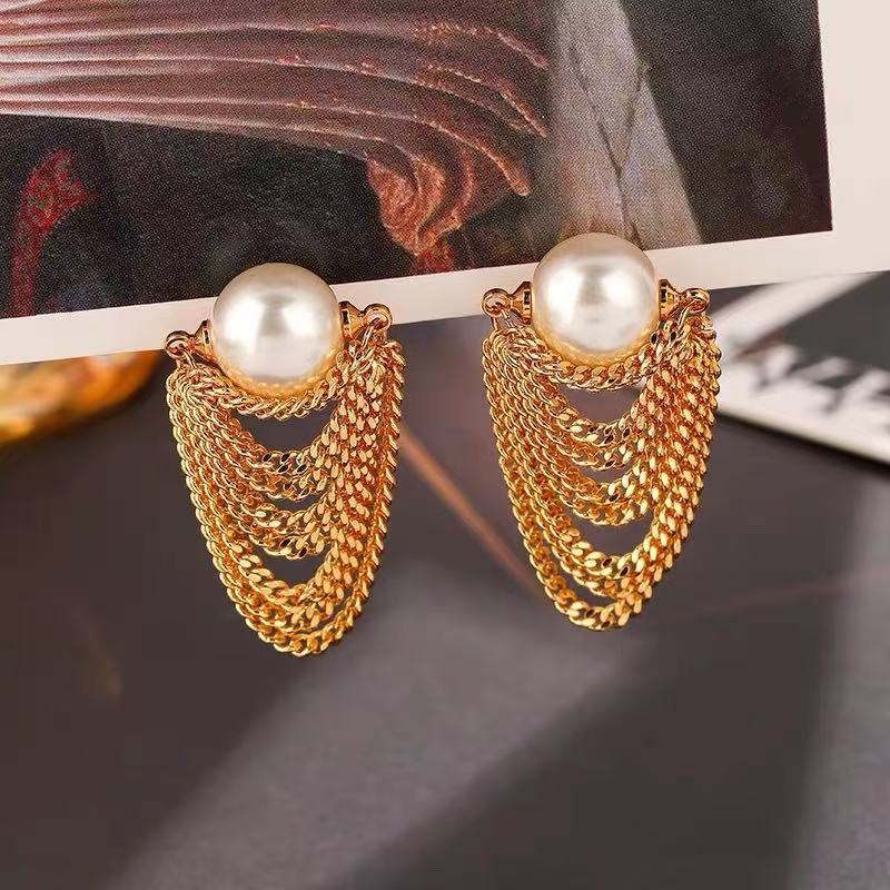 铜合金仿珍珠耳饰 欧比雅比法式复古多层链条仿珍珠流苏耳环L0244