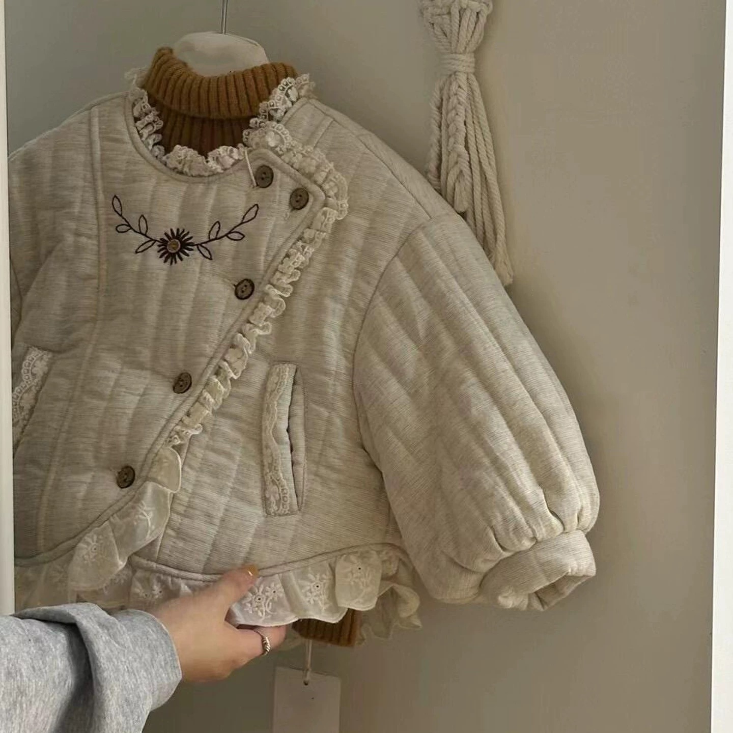 女童套装秋冬新款韩版蕾丝花边刺绣加厚棉衣保暖外套棉服休闲裤子