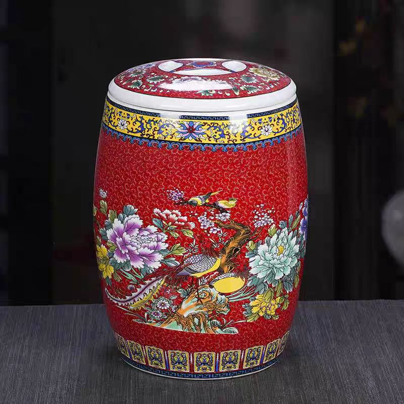 XD-DP-XD166-20斤红色花开富贵凳子米缸20斤装