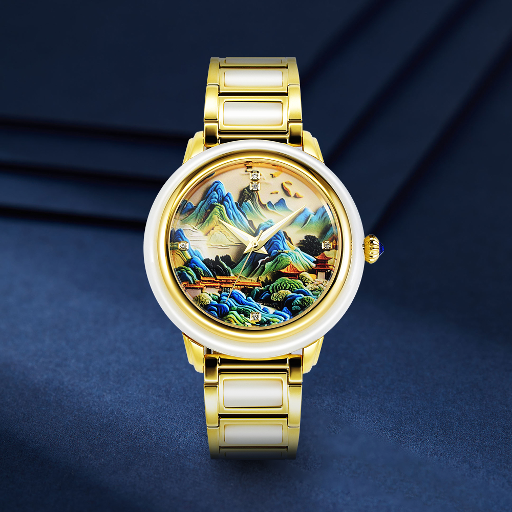 和田玉白玉山水画面男士机械手表简约时尚腕表潮流