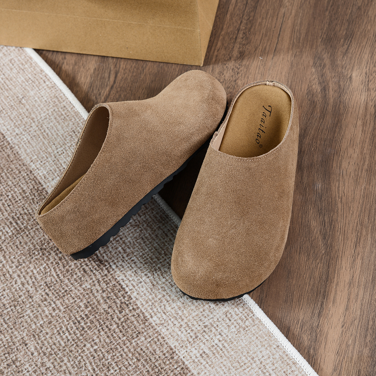 牛皮圆包头扣带休闲勃肯鞋女厚底内增高半拖鞋女软木底外穿复古