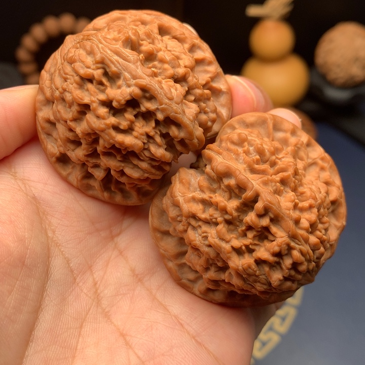 文玩核桃把件44红皮球体满天星全品