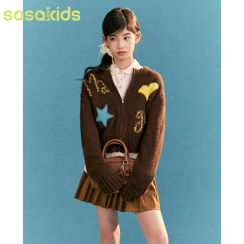sasakids立体撞色可爱涂鸦画贴布绣咖色保暖毛衣开衫柔软舒适女童