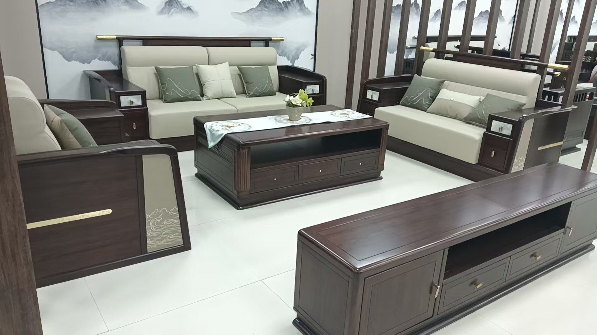 新中式实木沙发茶几电视柜一套