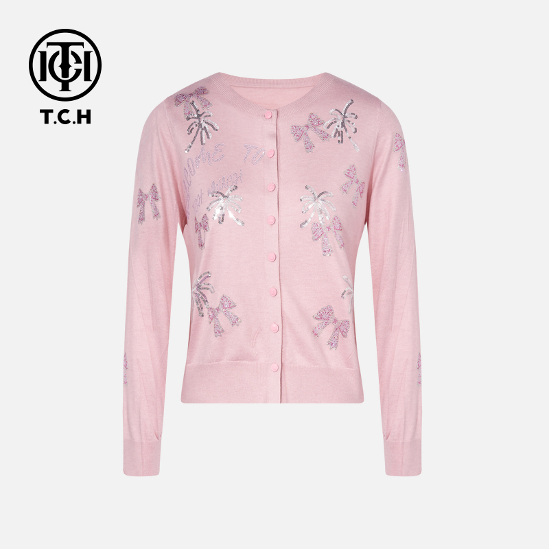TCH烫钻工艺新时尚长袖百搭新潮流针织衫T75C43E1010轻奢tch上衣