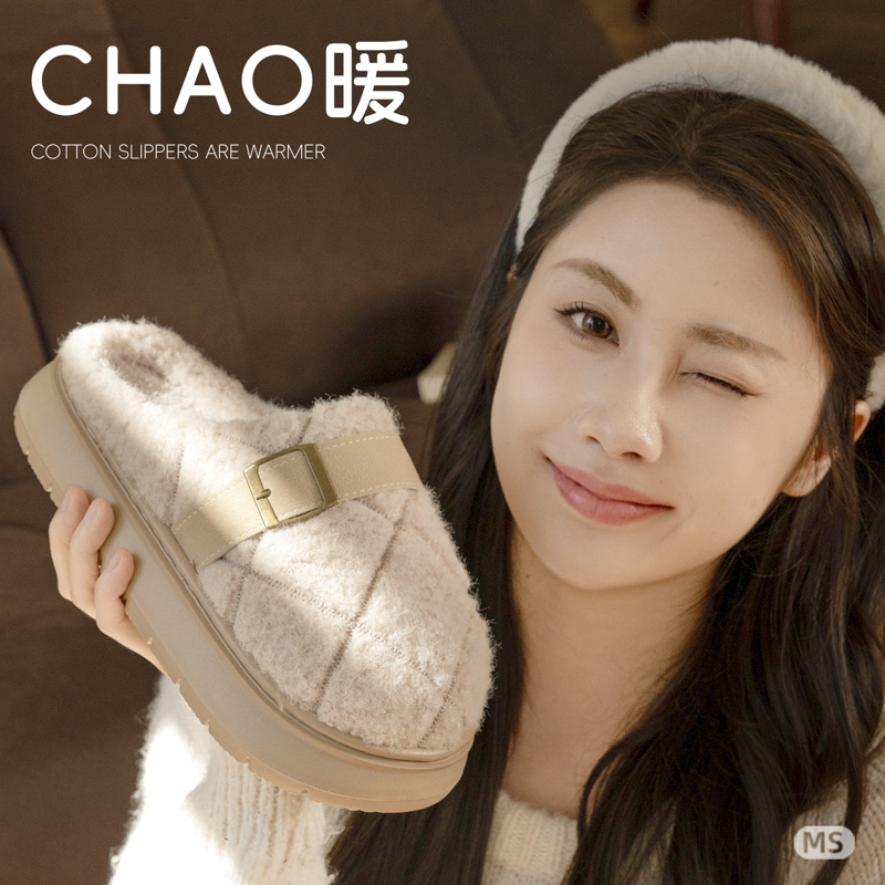 时尚轻便卡扣加厚棉拖鞋女冬季爆款推荐防滑居家保暖加绒舒适棉鞋