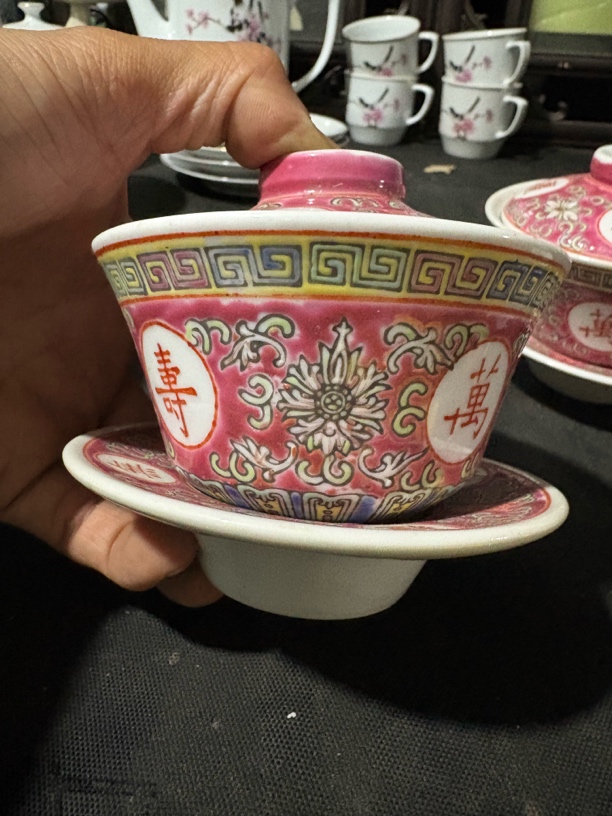 567万寿无疆三才盖碗茶碗手工陶瓷手绘