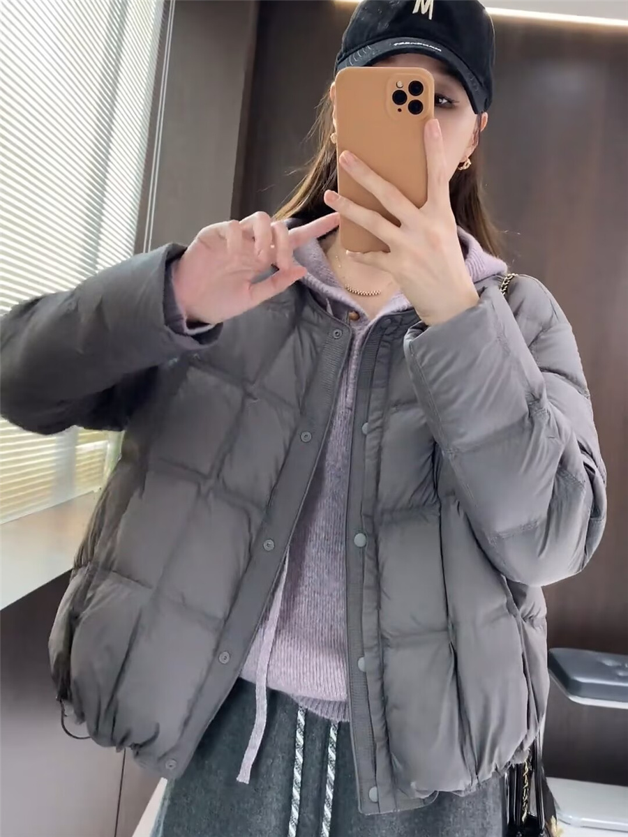 方块圆领白鸭绒羽绒服女短款2025冬季新款韩系小个子轻薄保暖外套