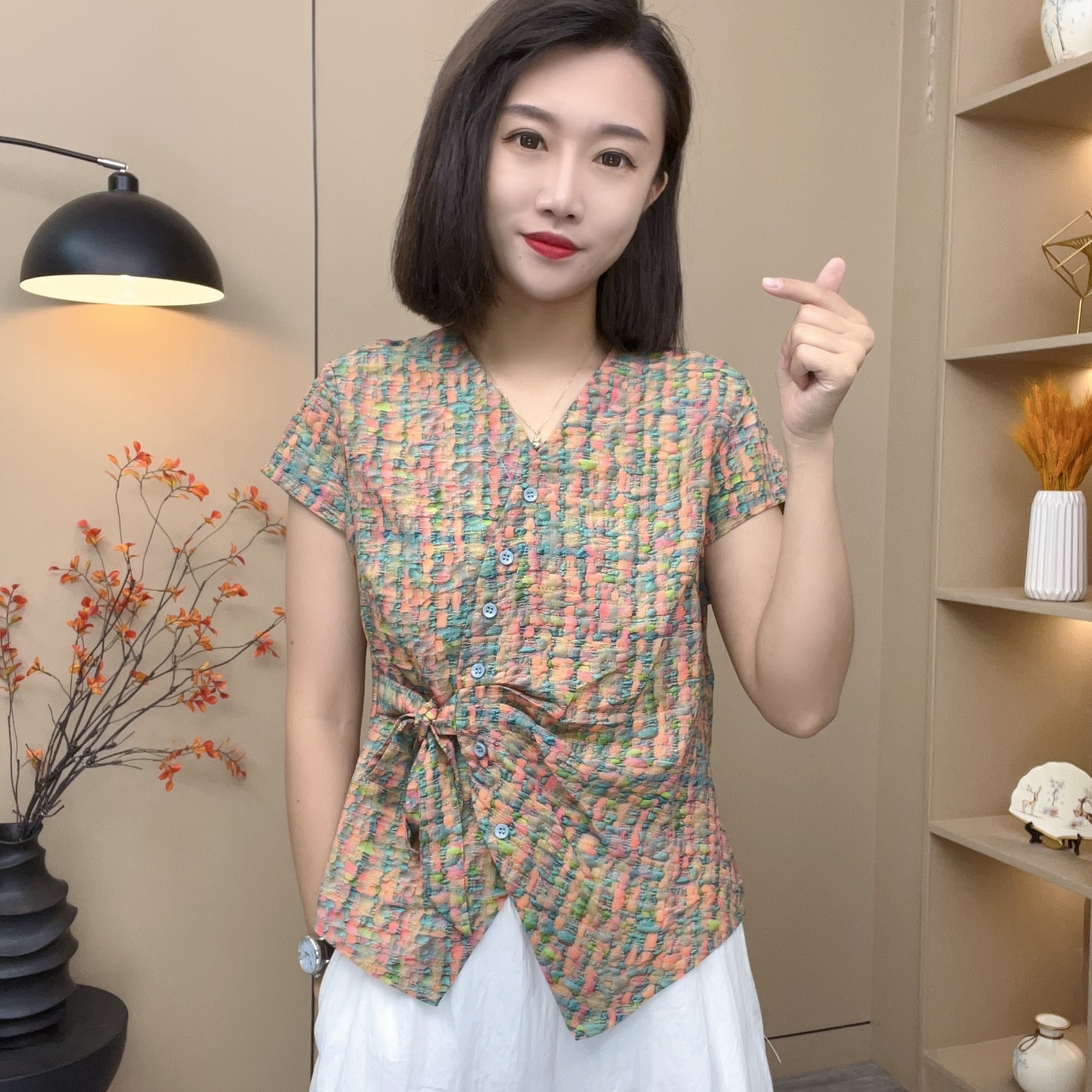 时尚新款简约V领彩虹色扭结系带拼色百搭显瘦衬衫-659