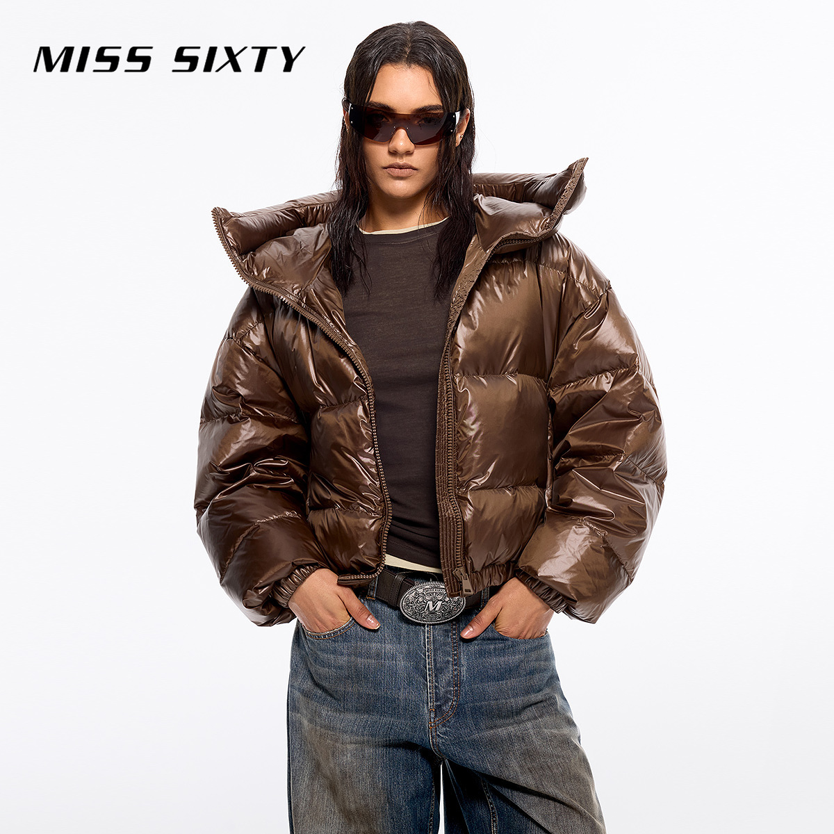 【90鹅绒】Miss Sixty冬季新款立领羽绒服女连帽短款纯色面包服外套