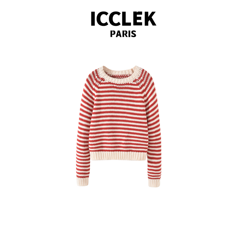 ICCLEK 红色条纹圆领针织衫气质名媛保暖显瘦通勤宽松百搭 - 3531