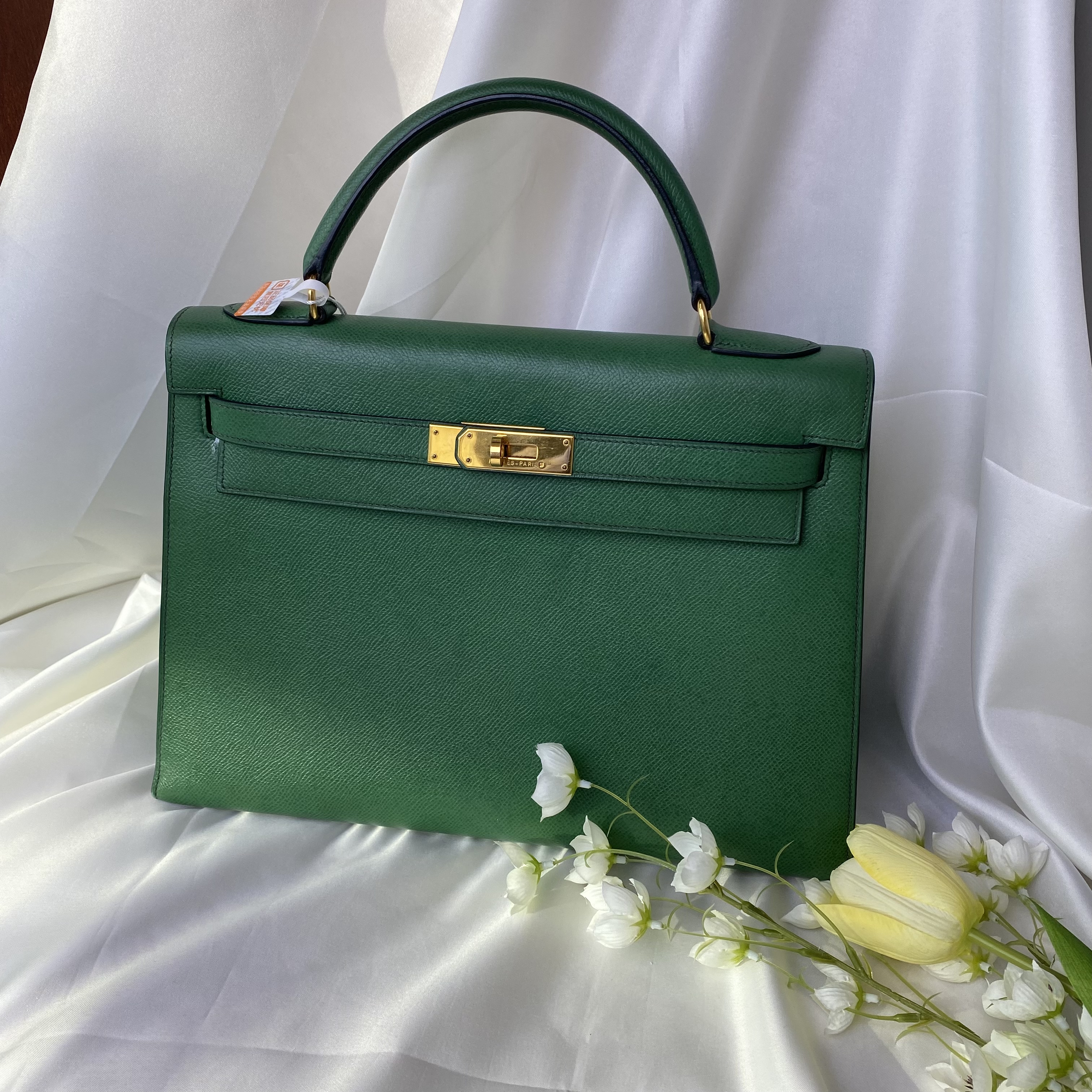 99新 Hermes/爱马仕 kelly32绿色金扣圈X刻手提包250406VHHZX03