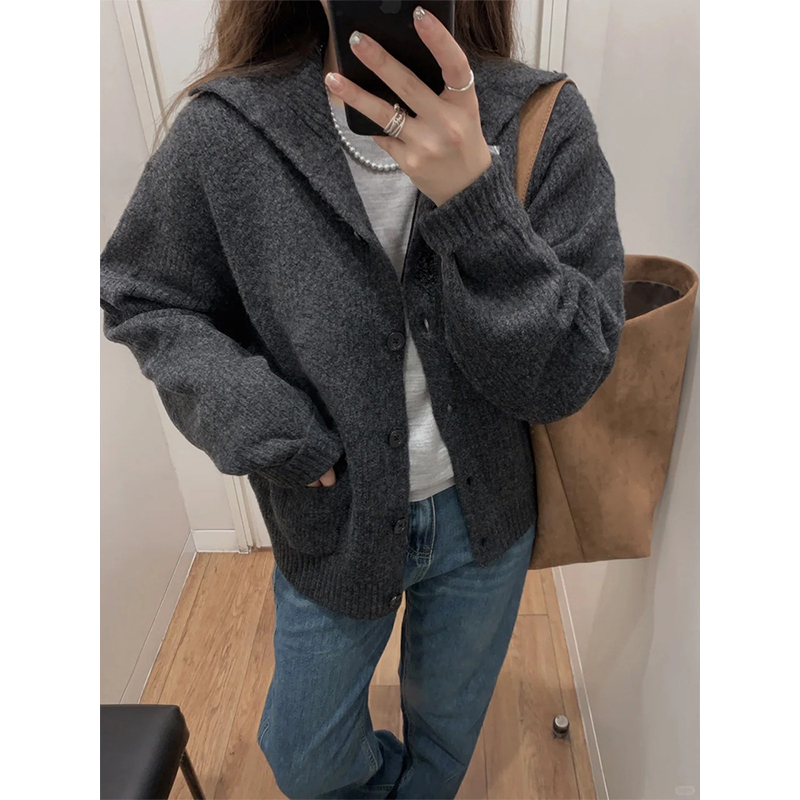 舒芙蕾秋冬针织开衫长袖立领外套灰色毛衣