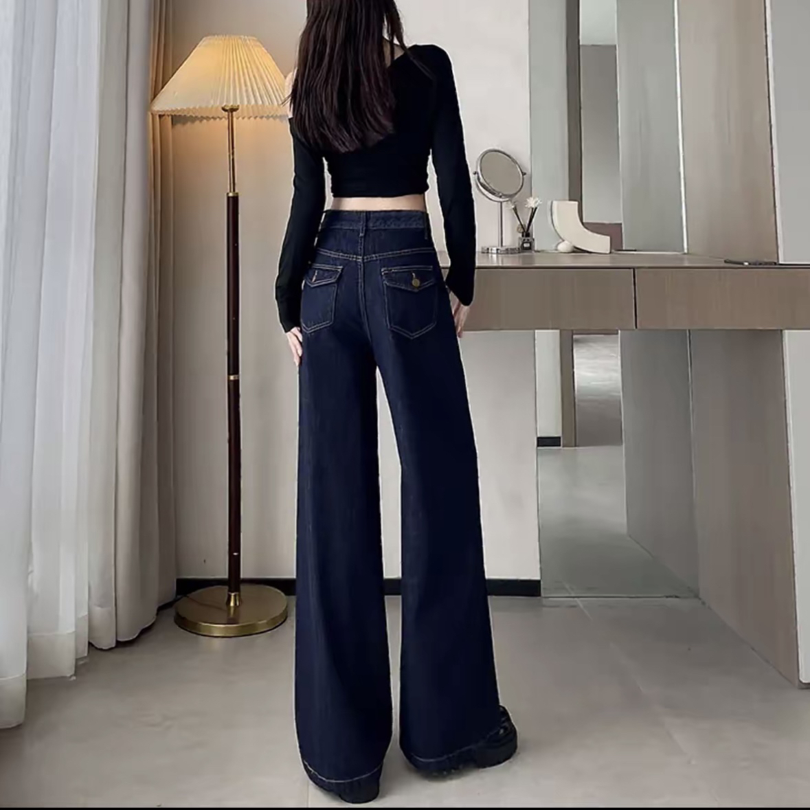 丹宁蓝高腰直筒阔腿女新款显瘦垂感牛仔裤显白