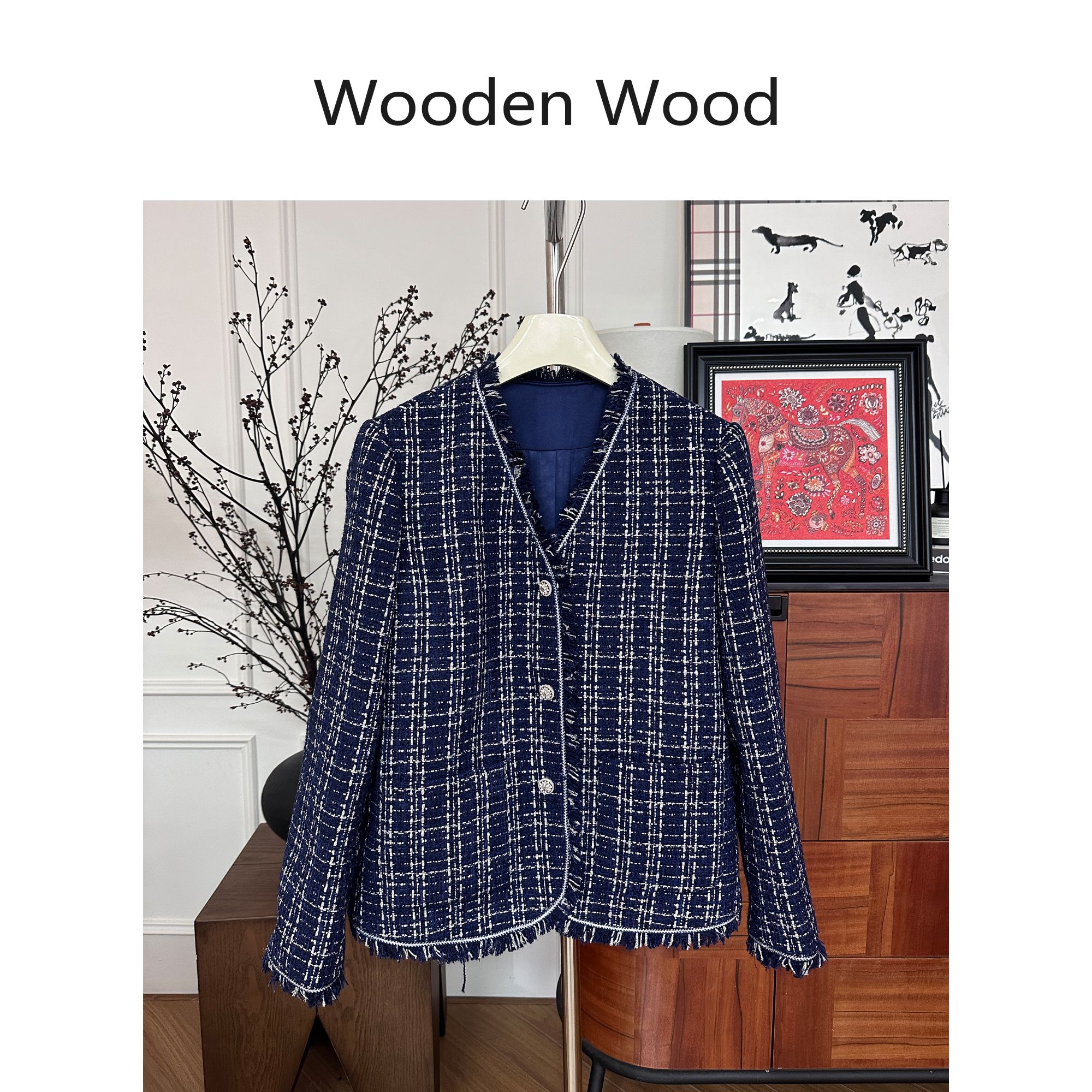Wooden Wood“蓝格手札”气质感经典舒适小香百搭格子外套W25QS1276