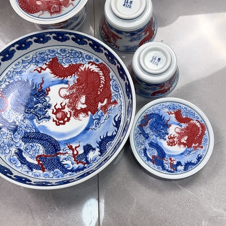 瓷片双龙戏珠5件套景德镇