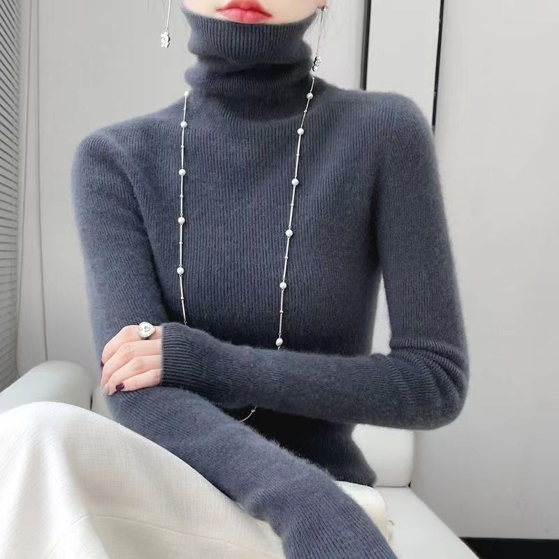 秋冬季百搭女堆堆领针织高领修身打底衫显瘦纯色女士内搭高领毛衫