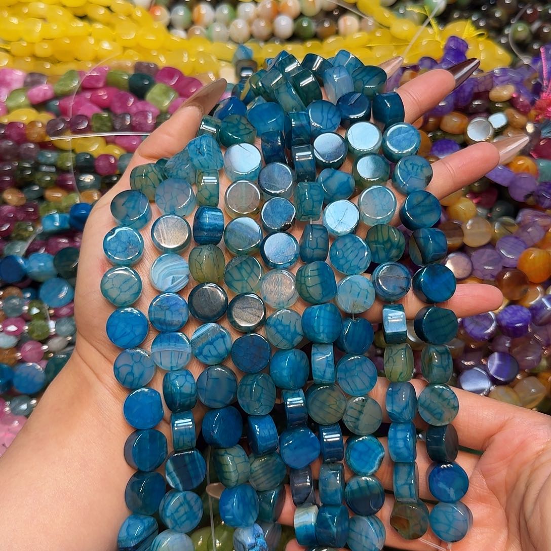 玛瑙/玉髓未镶嵌珠宝半成品14mm天然蓝玛瑙龙鳞圆饼厚度8mm