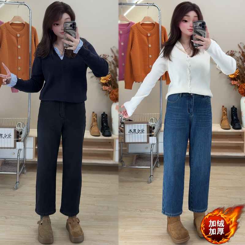 黑灰色加绒直筒九分牛仔裤女秋冬新款大码高腰显瘦宽松弹力烟管裤