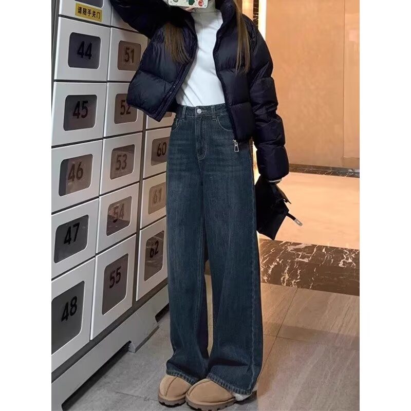 【青青】大码蓝灰色直筒牛仔裤2025秋冬高腰胖mm窄版阔腿裤子N10009