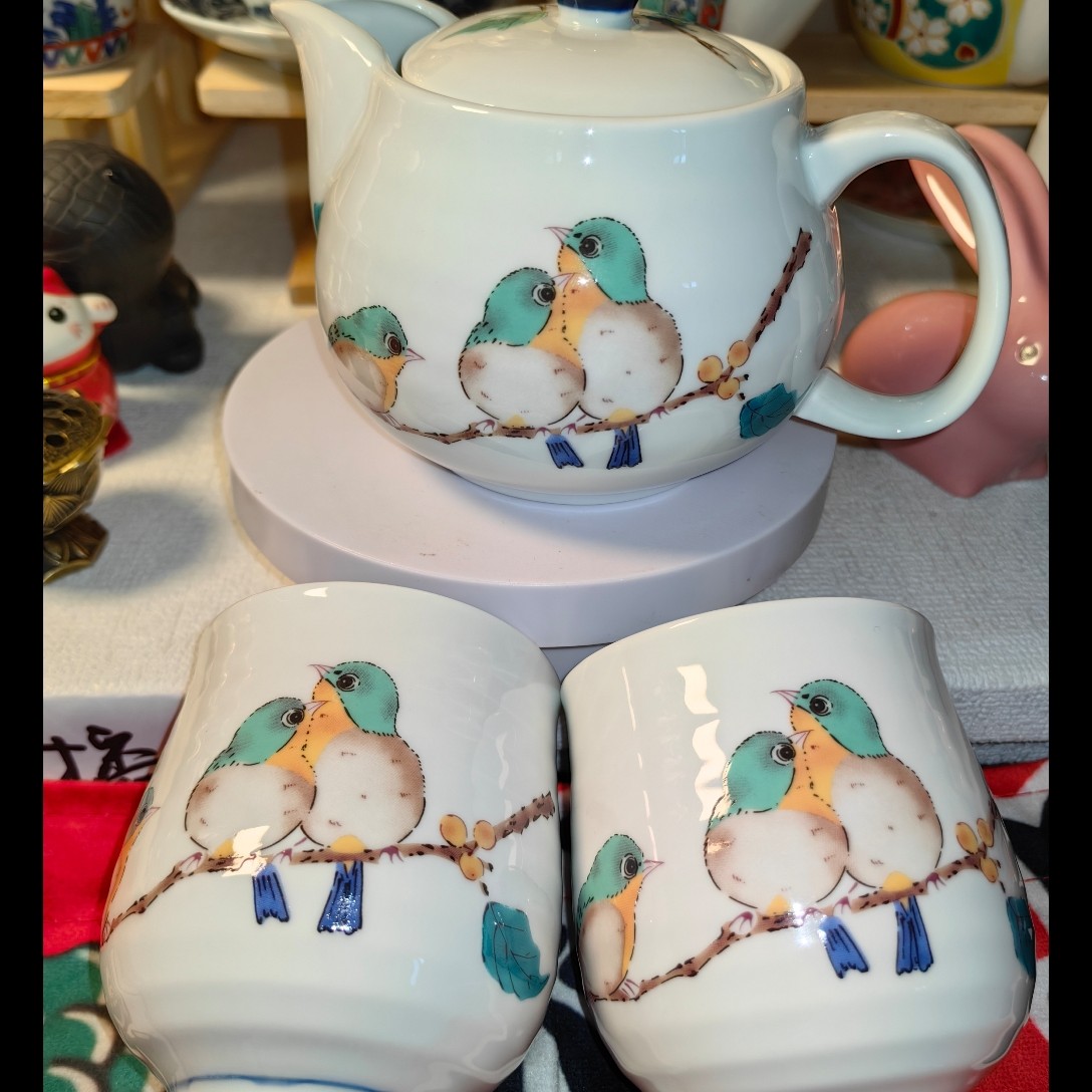 手作绣眼鸟日式绿色轻奢陶瓷茶杯汤吞杯一壶两