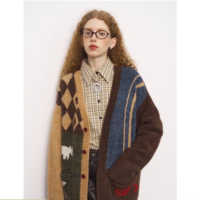 DIDDI MODA 复古撞色几何图形V领针织开衫