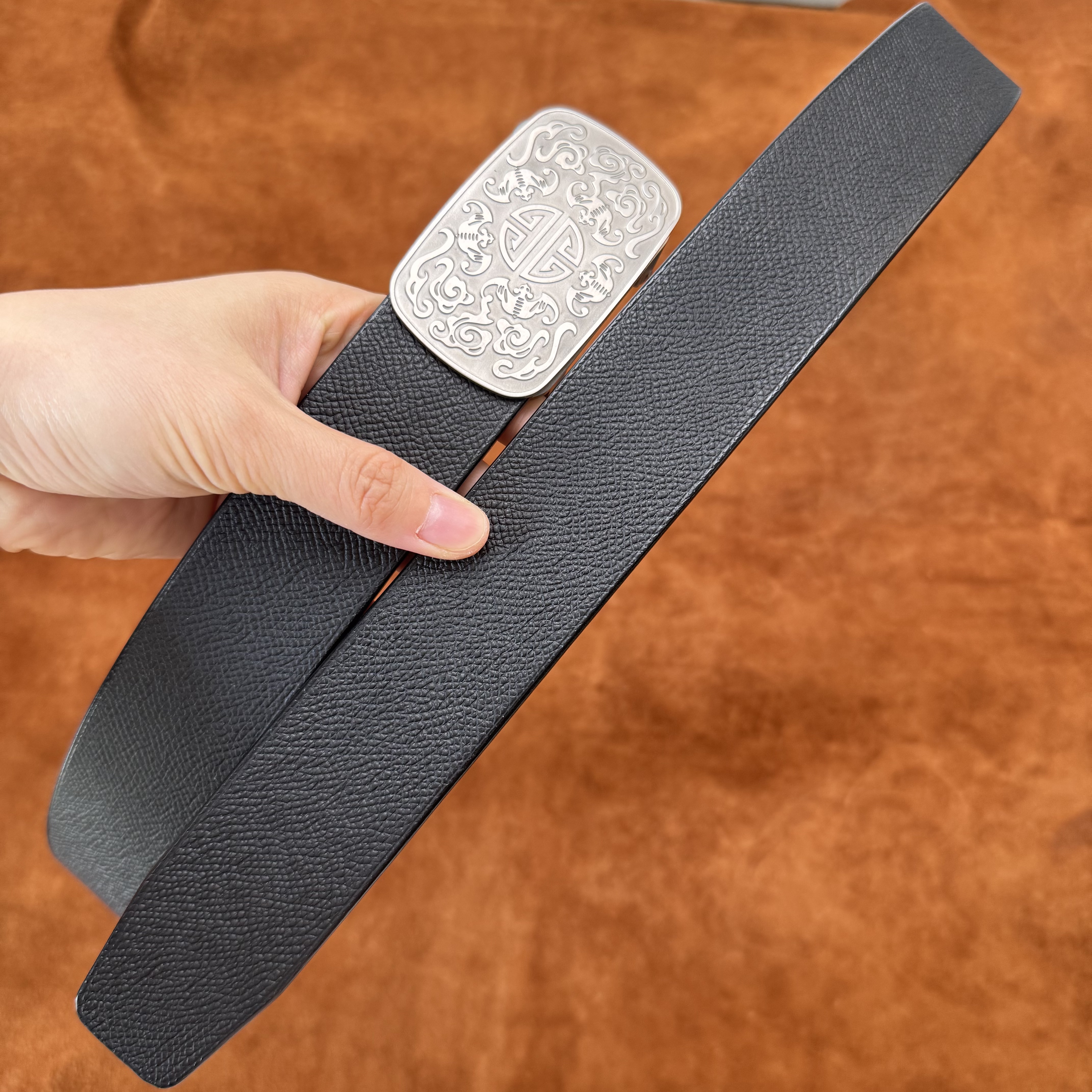 单层压花手掌纹公牛牛皮【纯钛无牙自动扣】手工简约舒适真皮腰带