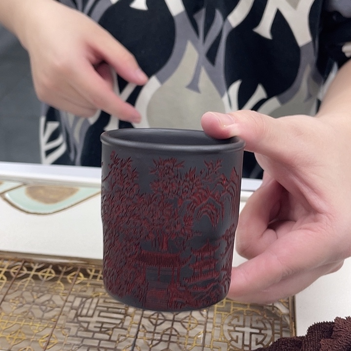 茶杯紫砂石黄刻绘主人杯