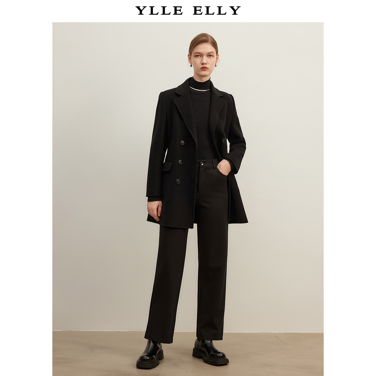 【力力淘】时尚气质大衣女冬简约翻驳领通勤中长款毛呢外套