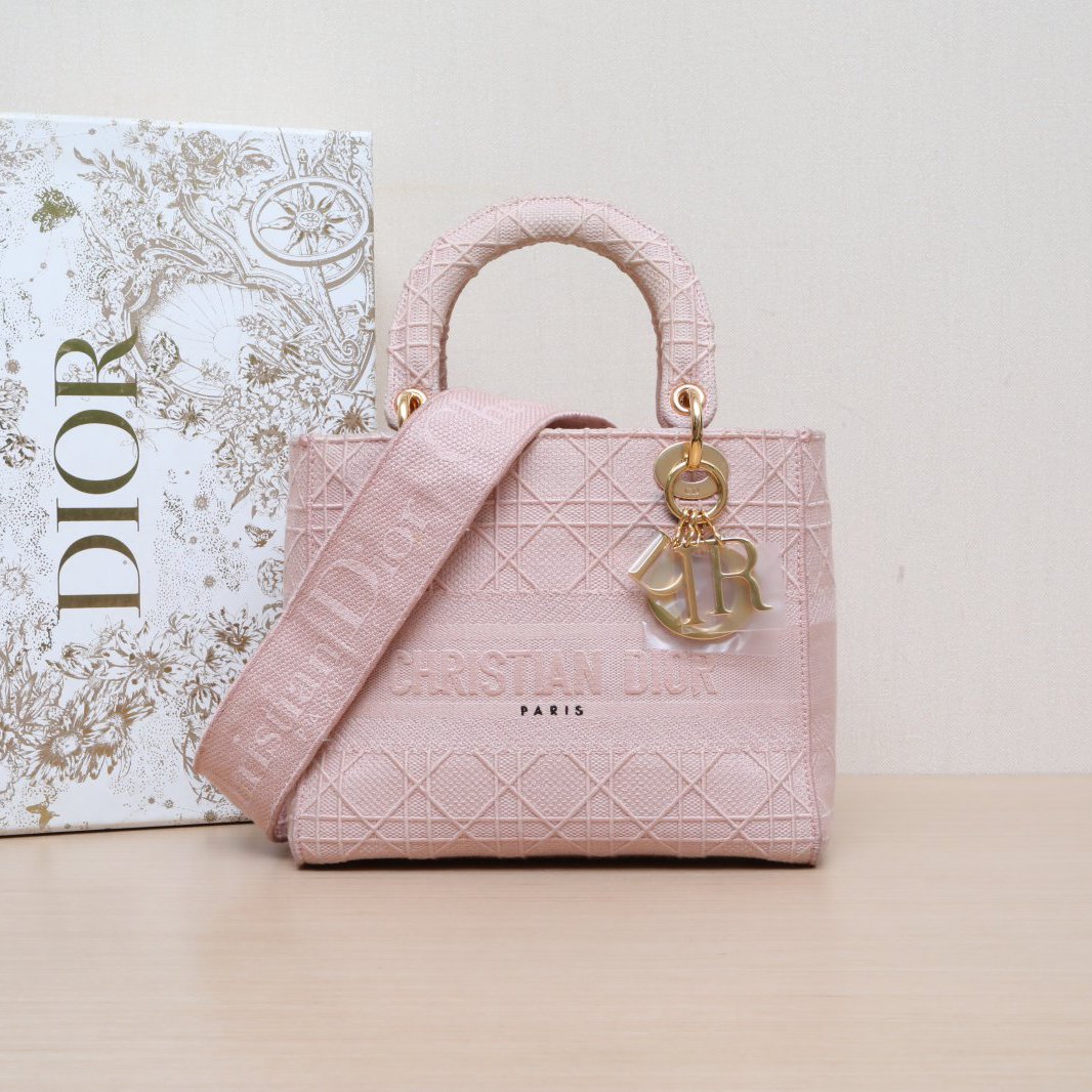 95新 DIOR/迪奥 小花双双 戴妃包 五格 粉色 帆布 金扣 2020 