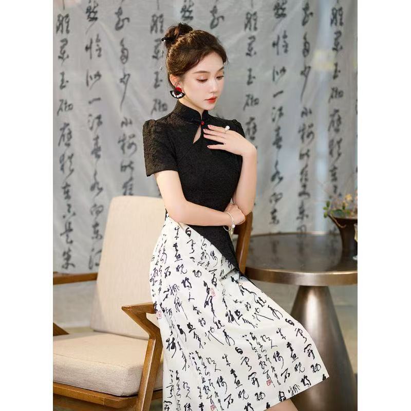 1424 黑白拼接 斜水滴 【诗意】 旗袍