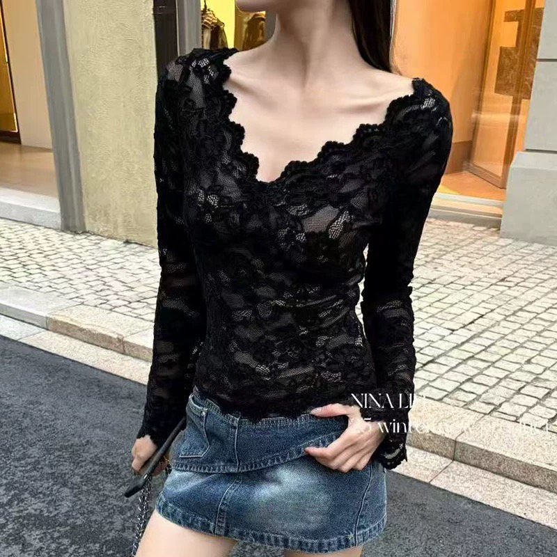 新款纯欲性感V领蕾丝T恤女长袖加厚辣妹上衣潮