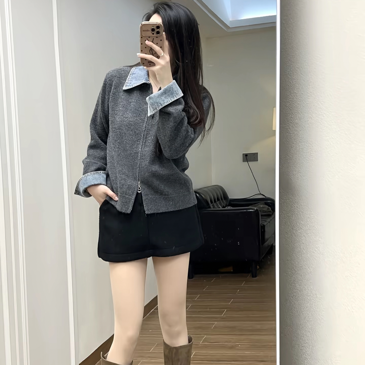 【牛仔拼接】韩版减龄双拉链针织开衫毛衣外套女