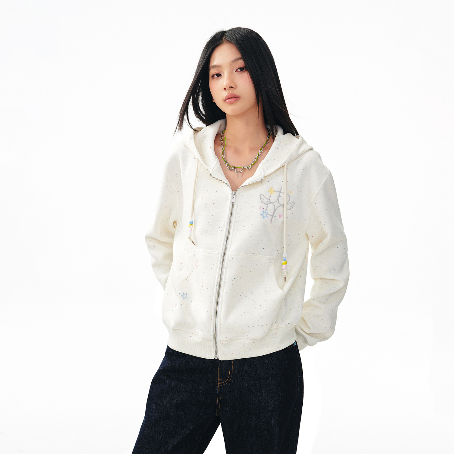 BIPOLAR翅膀爱心云朵女款百搭时尚休闲连帽开衫卫衣 18L221