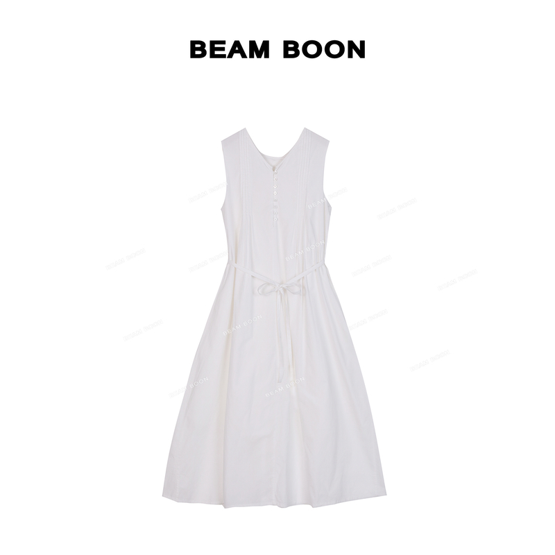 Beam Boon【溪畔拾光】复古60支长绒棉涧褶V领双面穿收腰连衣裙
