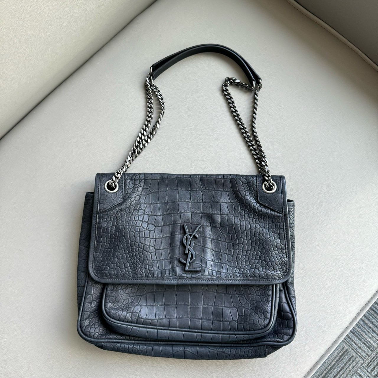 99新 YSL/圣罗兰 黑银大号鳄鱼压纹皮Niki