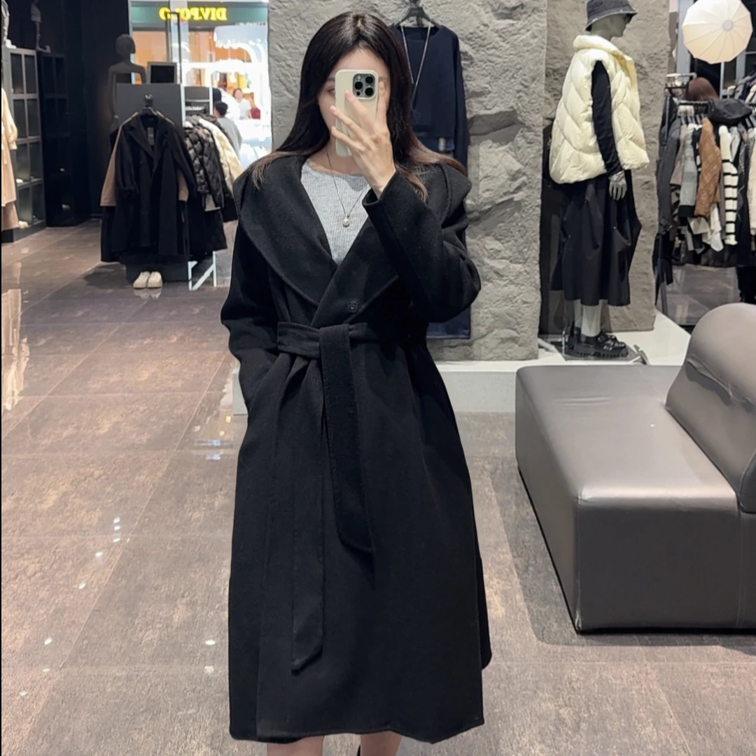 圣迪奥女装时尚气质休闲连帽收腰长款毛呢大衣S22482512