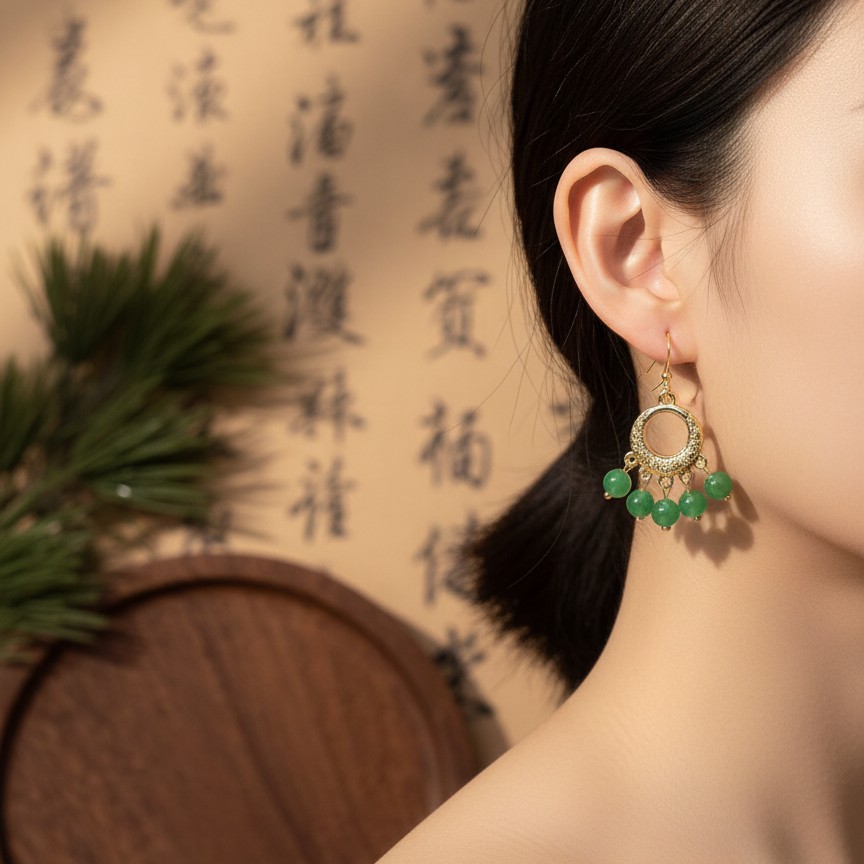 合金珐琅耳饰 合金珐琅 绿色圆珠款耳饰时尚气质029