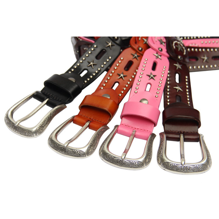 头层牛皮文艺复古真皮腰带五角星铆钉镂空女款皮带装饰裙带粉